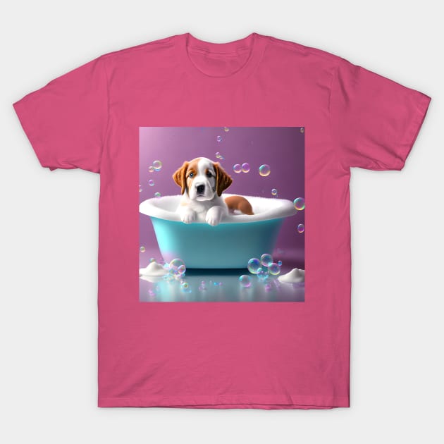 Cute puppy in a bathtub with soap bubbles T-Shirt by MarionsArt